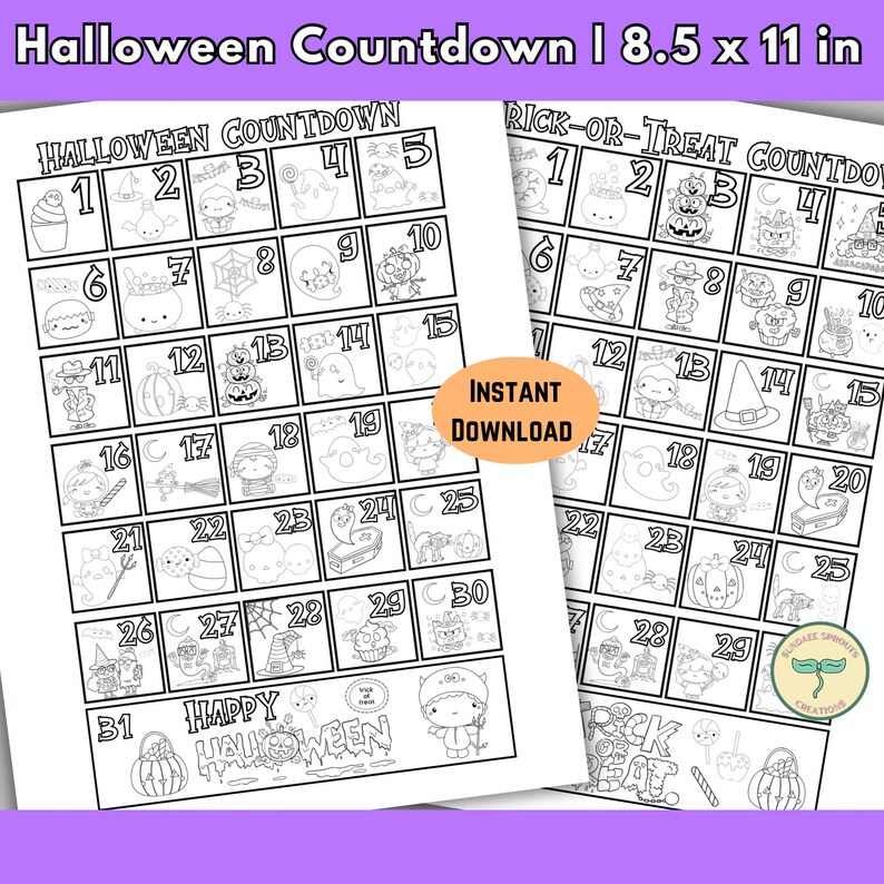Puede incluir: Calendario de cuenta atr&aacute;s de Halloween imprimible en blanco y negro con ilustraciones de fantasmas, calabazas, murci&eacute;lagos y otros personajes de Halloween. El calendario mide 8,5 pulgadas por 11 pulgadas e incluye el texto "Halloween Countdown" y "Trick-or-Treat Countdown".
