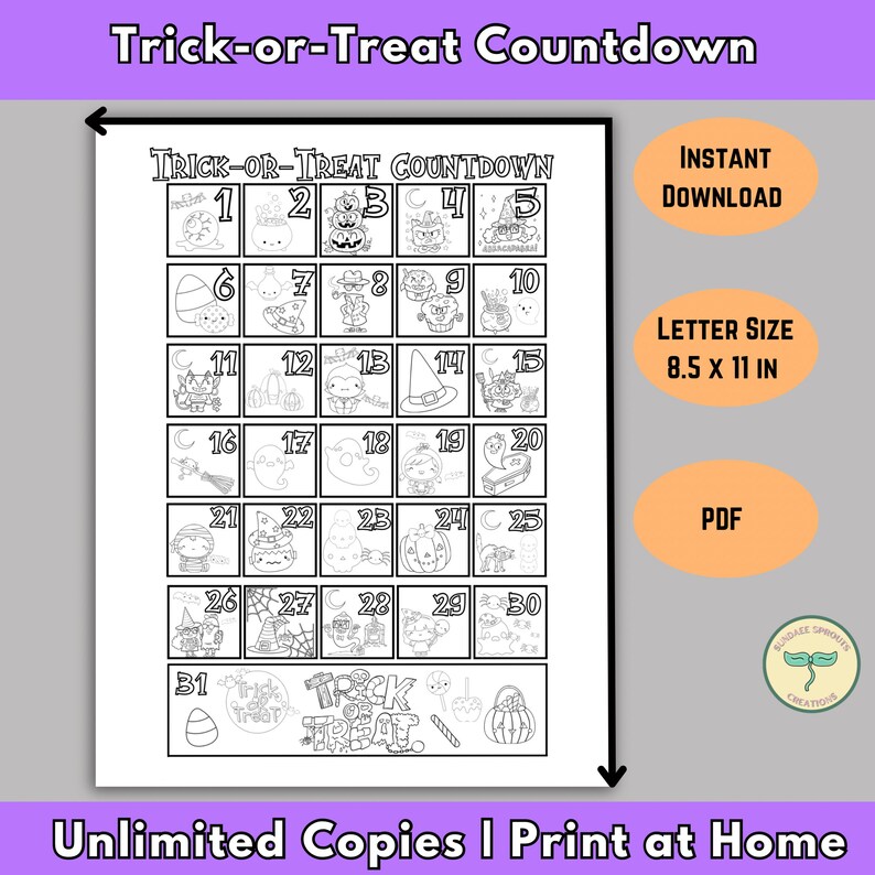 Puede incluir: Un calendario de cuenta atr&aacute;s de Halloween imprimible en blanco y negro con 31 casillas, cada una con una ilustraci&oacute;n diferente de tem&aacute;tica de Halloween. El calendario est&aacute; etiquetado como "Trick-or-Treat Countdown" y est&aacute; dise&ntilde;ado para papel tama&ntilde;o carta (21,6 x 27,9 cm).