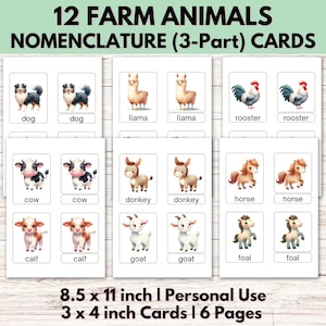 Tarjetas de nomenclatura de animales de granja en acuarela, tarjetas de 3 partes, tarjetas de vocabulario, tarjetas Montessori de animales, imprimibles para educación en casa, juego de correspondencias