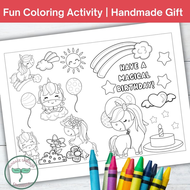 Unicorn Coloring Birthday Card Printable, Birthday Coloring Page