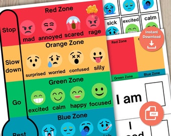 Termometro dei sentimenti e delle emozioni + Schede di comunicazione stampabili / Grafico delle emozioni dei sentimenti per l'autismo / Angolo calmante stampabile