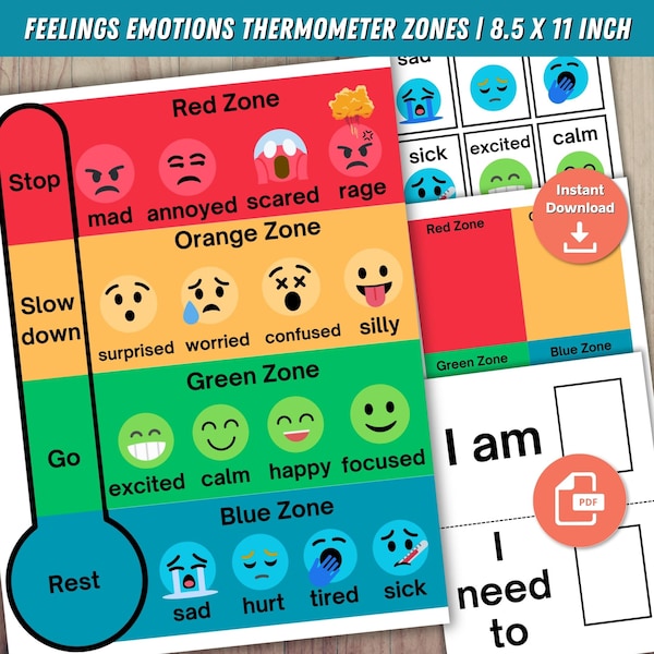 Feelings and Emotions Thermometer + Communication Cards Printable | Autism Feelings Emotions Chart | Calming Corner Printable