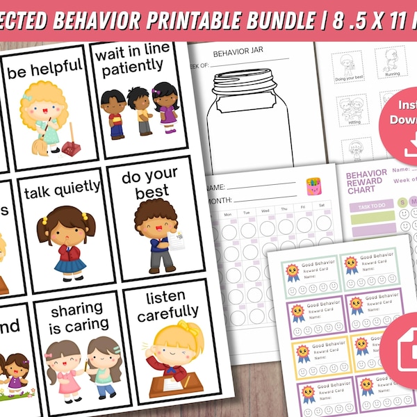 Kid’s Printable Behavior Bundle, 27 Behavior Communication Cards, Behavior Chart, Reward Chart, Behavior Jar, Behavior Activities, Calendar