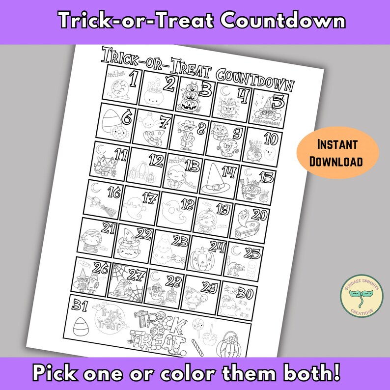 Puede incluir: Un calendario de cuenta atr&aacute;s de Halloween imprimible en blanco y negro con 31 d&iacute;as. Cada d&iacute;a presenta una ilustraci&oacute;n diferente con tem&aacute;tica de Halloween, como un fantasma, una calabaza, una bruja y ma&iacute;z dulce. El texto "Trick-or-Treat Countdown" est&aacute; en la parte superior del calendario.
