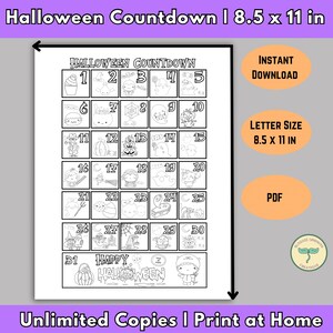 Puede incluir: Un calendario de cuenta atr&aacute;s de Halloween imprimible con 31 casillas numeradas con bonitas ilustraciones de tem&aacute;tica de Halloween. El calendario est&aacute; dise&ntilde;ado para papel de 21,6 x 27,9 cm e incluye el texto "Halloween Countdown".
