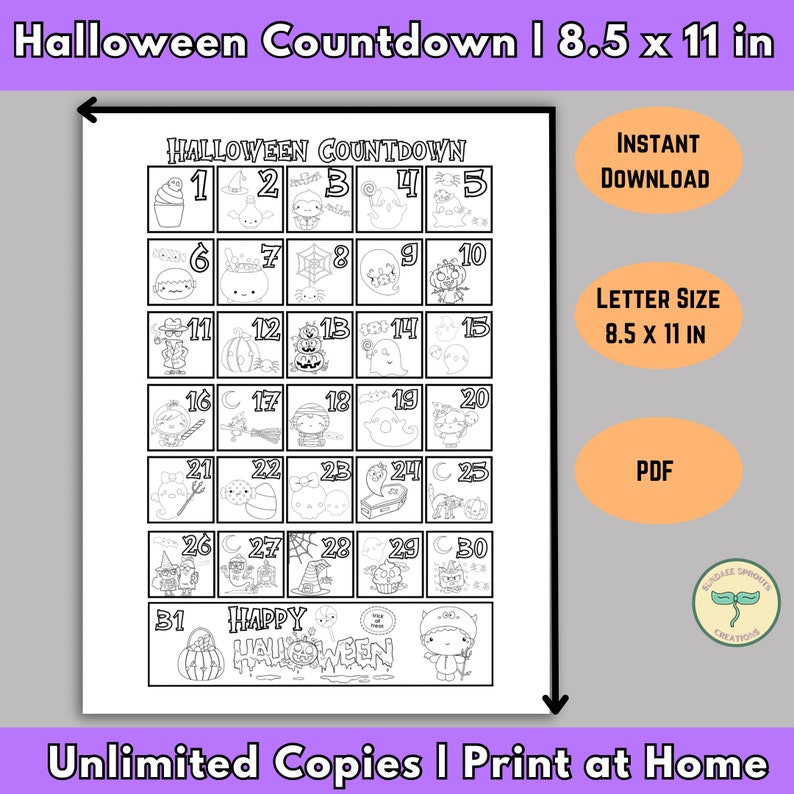 Puede incluir: Un calendario de cuenta atr&aacute;s de Halloween imprimible con 31 casillas numeradas con bonitas ilustraciones de tem&aacute;tica de Halloween. El calendario est&aacute; dise&ntilde;ado para papel de 21,6 x 27,9 cm e incluye el texto "Halloween Countdown".