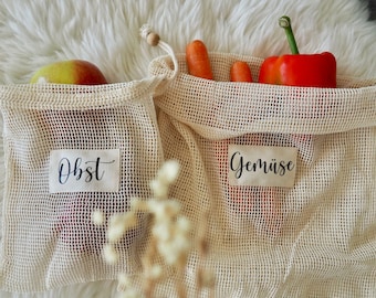 Redes para frutas y verduras con letras de algodón orgánico natural | Sostenibilidad | Almacenamiento | Compras sin plástico | Red para frutas | Red para verduras