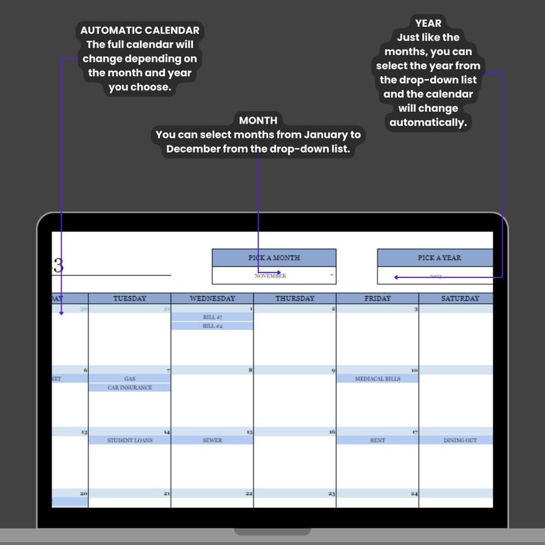 Bills Planning Spreadsheet and 5 Years Calendar, Financial Spreadsheets