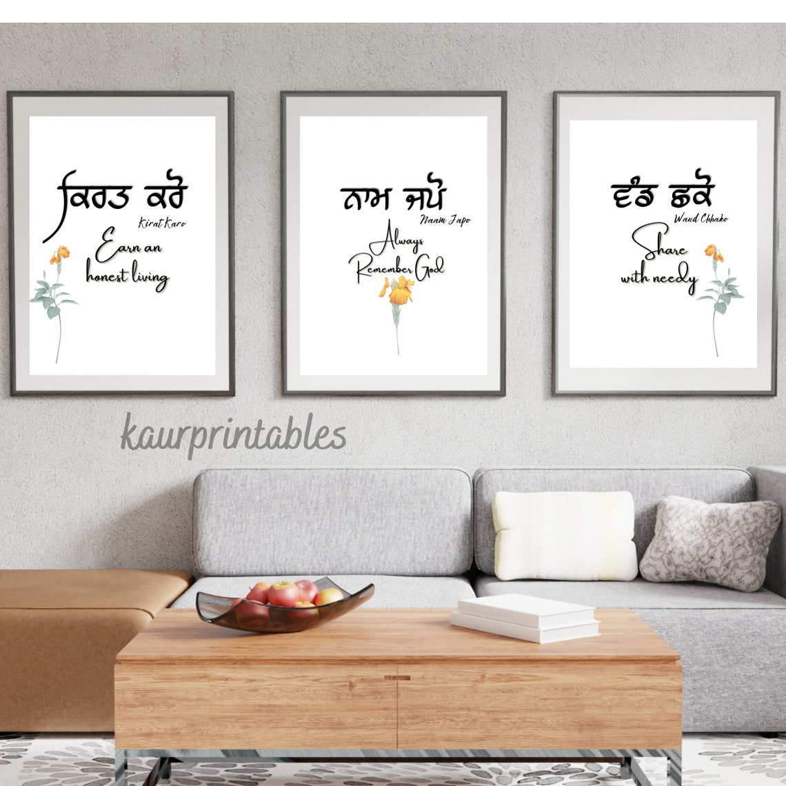 Set of 3 Art Printables Kirat Karo Naam Japo Wand Chhako Religious
