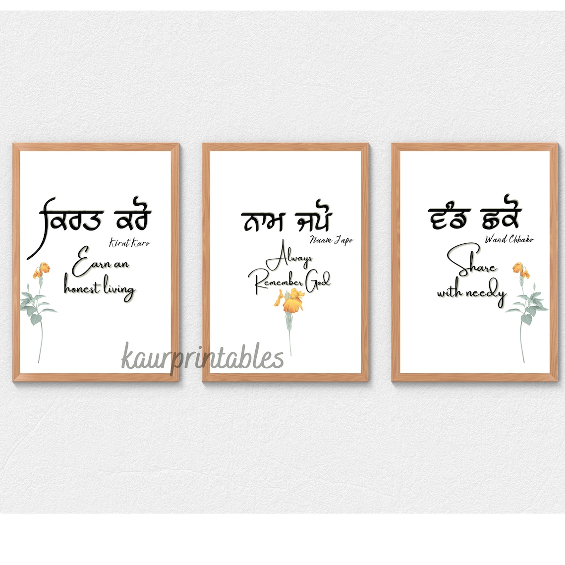Set of 3 Art Printables Kirat Karo Naam Japo Wand Chhako Religious