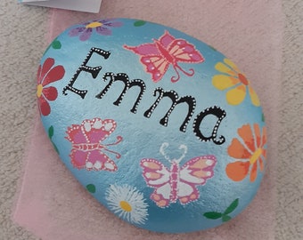 Name stone. Hand painted pebbles. Painted rock art. Child's name. Gift. Paperweight. Memory stone. Pocket keepsake. Personalised gift.