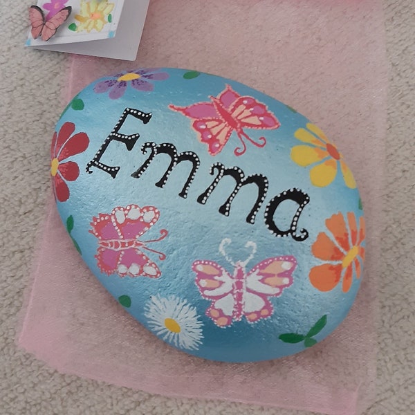 Name stone. Hand painted pebbles. Painted rock art. Child's name. Gift. Paperweight. Memory stone. Pocket keepsake. Personalised gift.