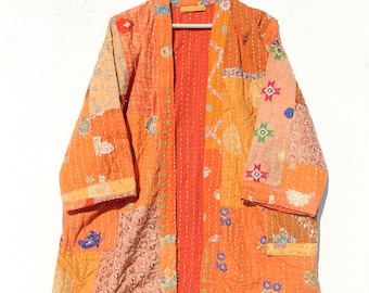 Orange Vintage Sari Patchwork Kantha Kimono: Handmade Quilted Cotton Jacket