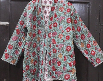 Floral Kantha Quilted Kimono Jacket, Reversible Boho Coat