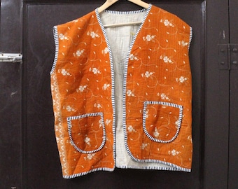 Vintage Kantha Vest, Reversible Boho Patchwork Quilted Jacket