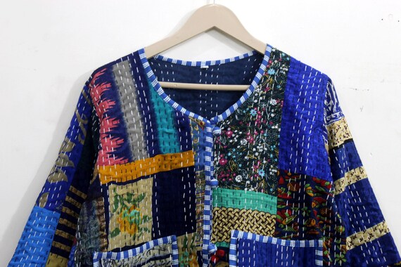 Blue Silk Patchwork Jacket: Handmade Kantha Quilt… - image 2