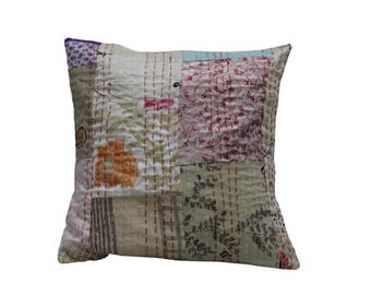 Pillow Covers, Indian Patchwork Sari Pillow, Boho Kantha Cushion Cover, Handmade Decorative Kantha Throw Pillow