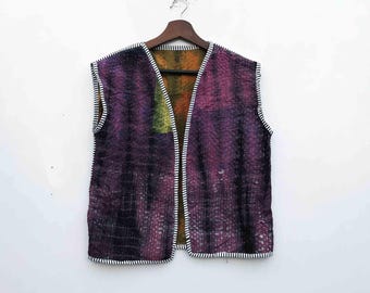 Vintage Tie Dye Kantha Vest, Reversible Sari Quilted Jacket
