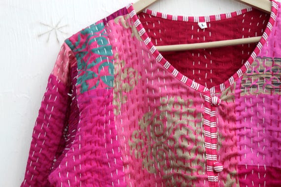 Pink Patchwork Kantha Jacket: Handmade Reversible… - image 8