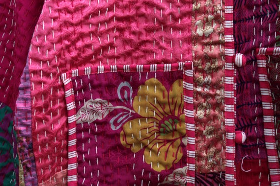 Pink Patchwork Kantha Jacket: Handmade Reversible… - image 4
