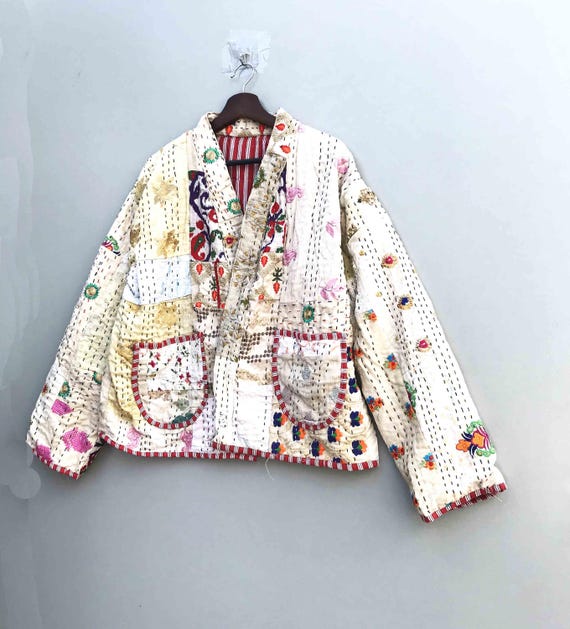 Handmade Kantha Patchwork Jacket, Embroidered Boh… - image 2