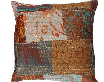 Silk Saree Patchwork Kantha Cushion Cover: Bohemian Pillow (16x16 Inches)