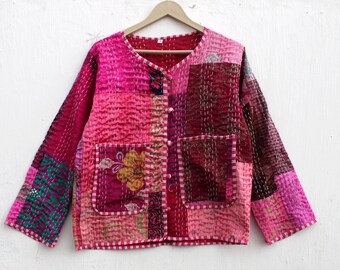 Rosa Patchwork Kantha Jacke: Handgemachter Boho Wendemantel
