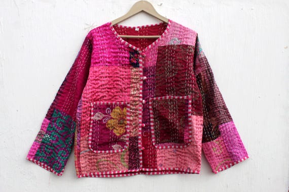 Pink Patchwork Kantha Jacket: Handmade Reversible… - image 1