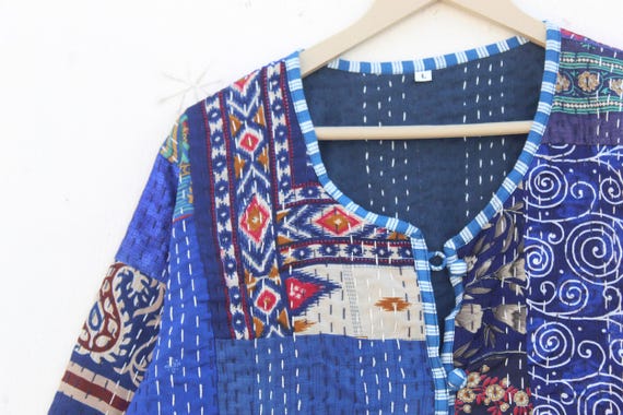 Blue Silk Patchwork Kantha Jacket: Handmade Bohem… - image 6