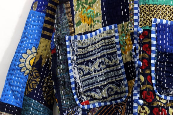 Blue Silk Patchwork Jacket: Handmade Kantha Quilt… - image 8