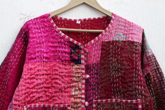 Pink Patchwork Kantha Jacket: Handmade Reversible… - image 2
