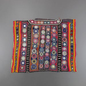 Vintage Banjara Mirror Neck Yoke, Kutchi Embroidery Textile Patch
