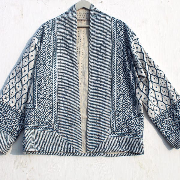 indian hand made kantha quilted, real patch work reversible jacket women wear kantha coat and front pocket plain piping cotton patch work.