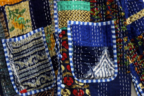 Blue Silk Patchwork Jacket: Handmade Kantha Quilt… - image 9