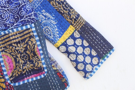 Blue Silk Patchwork Kantha Jacket: Handmade Bohem… - image 8