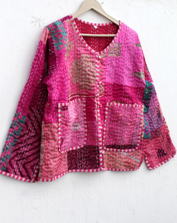 Pink Patchwork Kantha Jacket: Handmade Reversible… - image 1