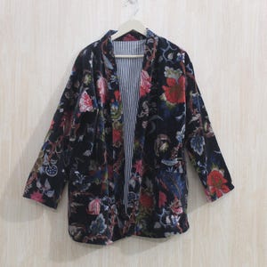 Birds Printed Velvet Kimono Robes, Morning Tea Velvet Coat Bridesmaid Robe Women Wear Cotton Velvet robe Velvet Jacket Bridal Robe