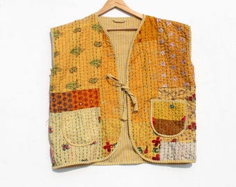 Handmade Cotton Kantha Patchwork Vest, Reversible Indian Jacket