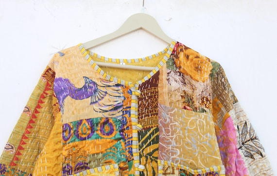 Reversible Kantha Quilted Jacket: Colorful Patchw… - image 4