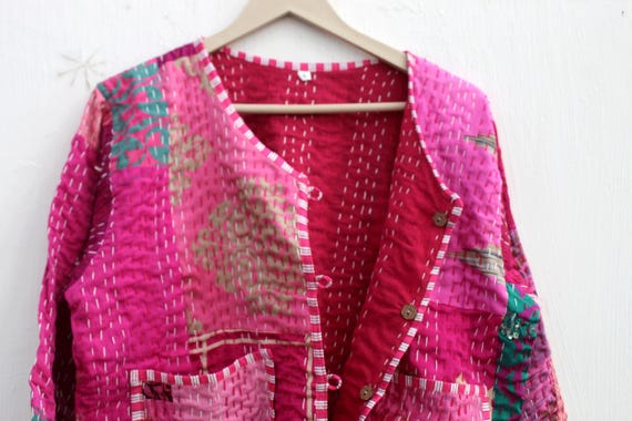 Pink Patchwork Kantha Jacket: Handmade Reversible… - image 7