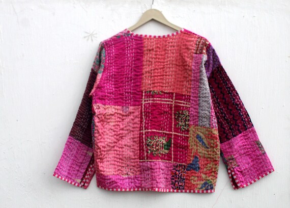 Pink Patchwork Kantha Jacket: Handmade Reversible… - image 10