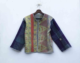 Handcrafted Kantha Quilted Coat, Reversible Boho Jacket