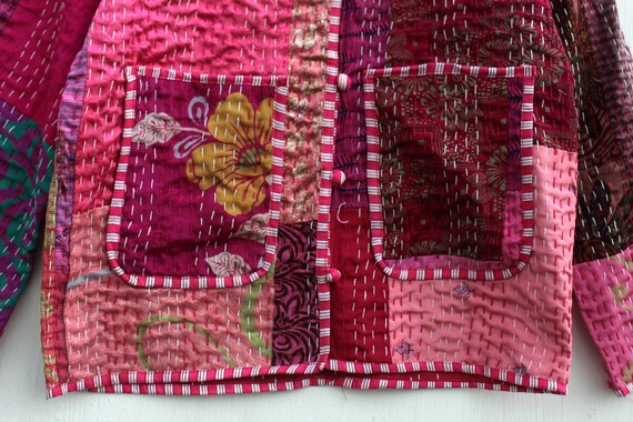 Pink Patchwork Kantha Jacket: Handmade Reversible… - image 3