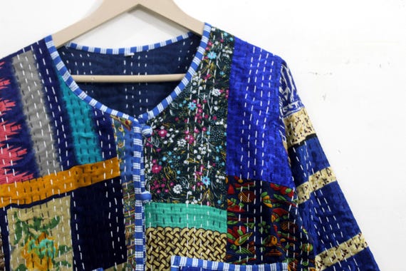 Blue Silk Patchwork Jacket: Handmade Kantha Quilt… - image 4