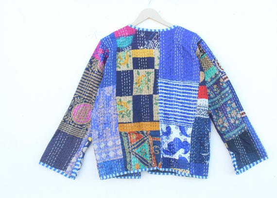 Blue Silk Patchwork Kantha Jacket: Handmade Bohem… - image 9
