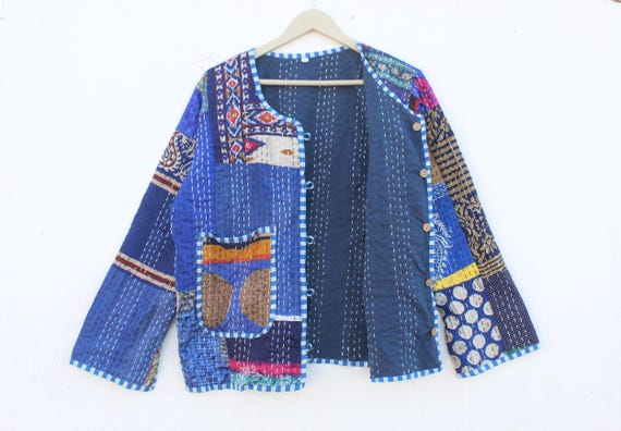 Blue Silk Patchwork Kantha Jacket: Handmade Bohem… - image 1