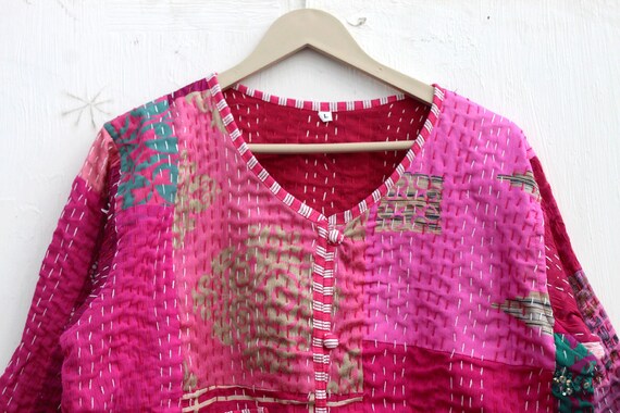 Pink Patchwork Kantha Jacket: Handmade Reversible… - image 4