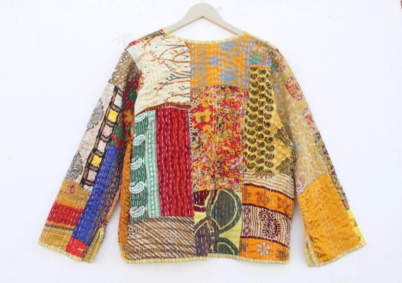 Reversible Kantha Quilted Jacket: Colorful Patchw… - image 8