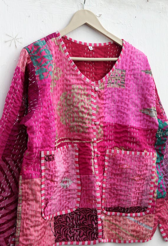 Pink Patchwork Kantha Jacket: Handmade Reversible… - image 2