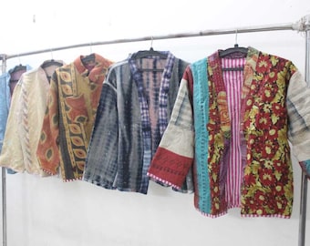 Chaqueta Kantha reversible hecha a mano, abrigo de algodón patchwork, sari vintage